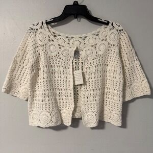 ATTITUDES by Renee Cream Crochet Knit Cropped Sweater Cardigan Bolero Jacket S